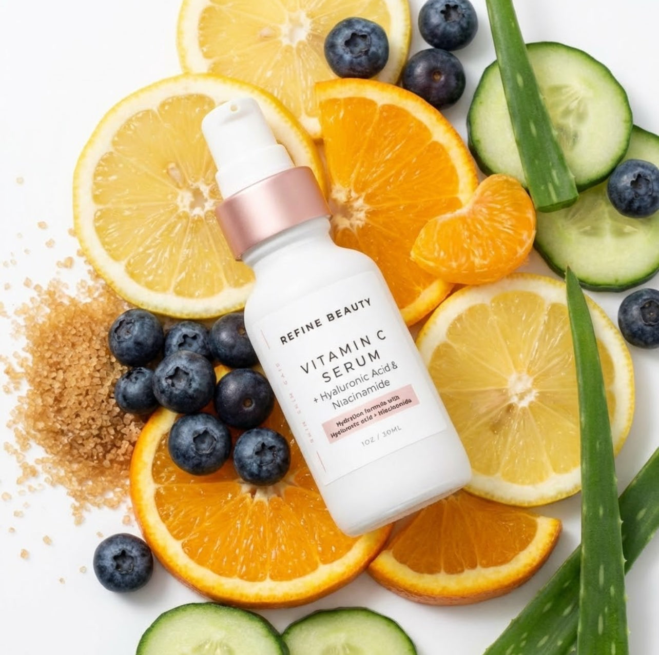 Refine Beauty Vitamin C serum bottle surrounded by fruits and vegetables on a white background