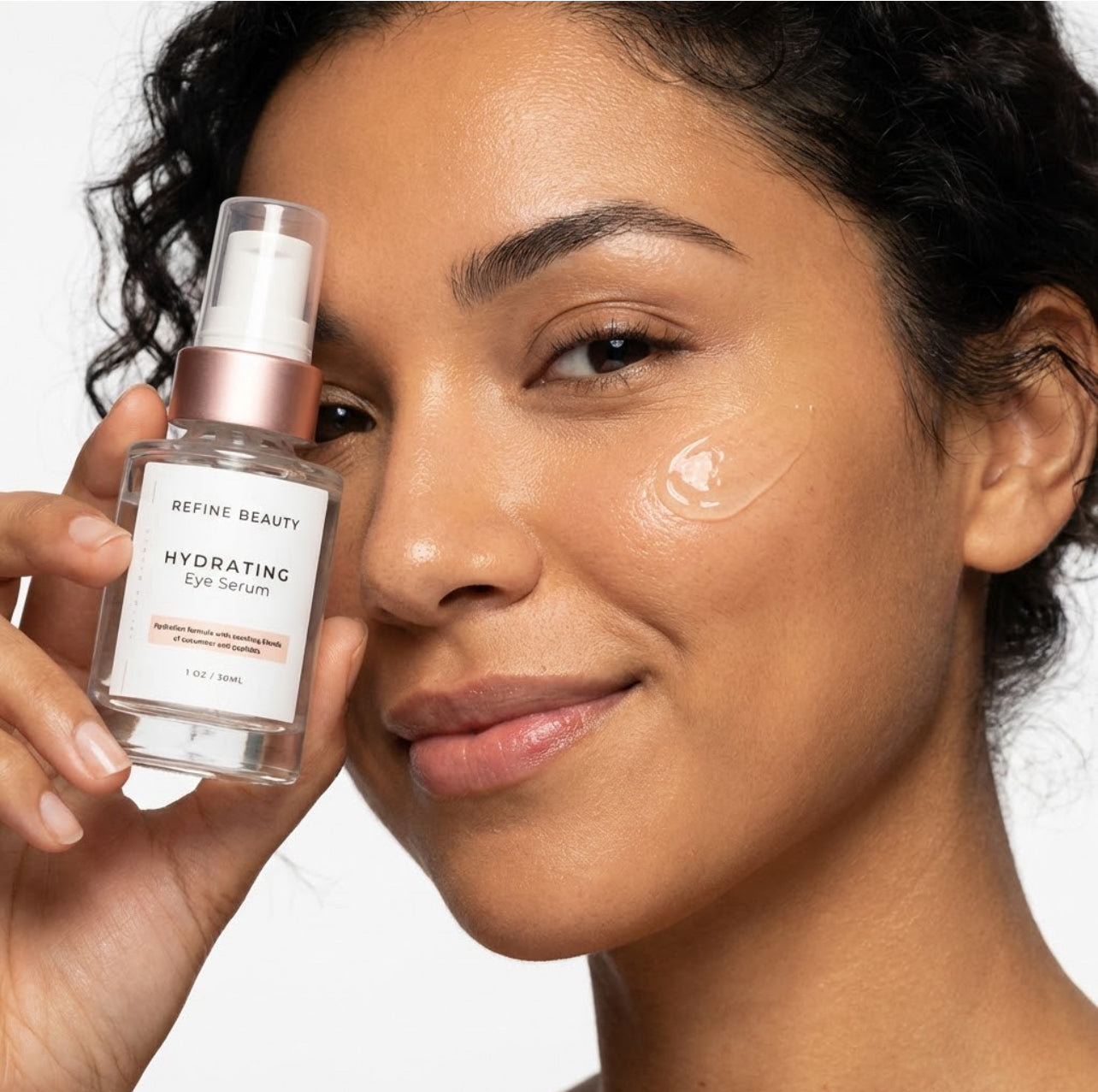Woman holding a bottle of Refine Beauty hydrating eye serum with visible droplets on her face.