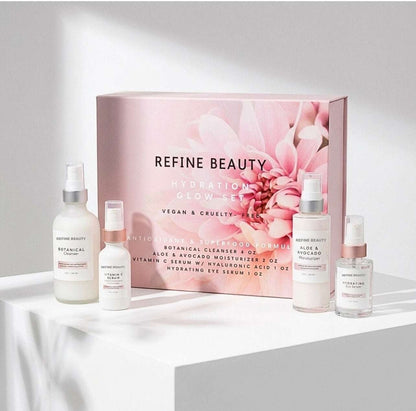 Skincare product set with Refine Beauty packaging on a light background