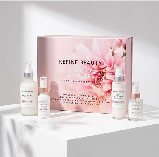 Skincare product set with Refine Beauty packaging on a light background