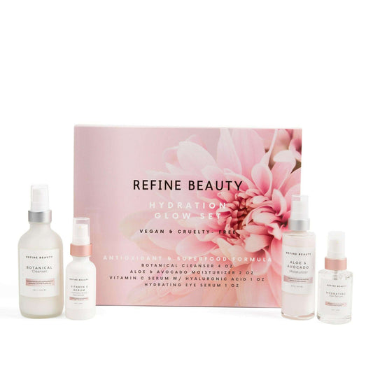 Refine Beauty Hydration Glow set featuring the Botanical Cleanser, Aloe & Avocado moisturizer, Hydrating Eye Serum and Vitamin C Serum with Hyaluronic Acid and Niacinamide 