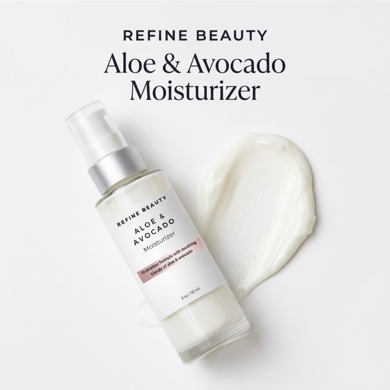 Refine Beauty Aloe & Avocado Moisturizer bottle with a white background