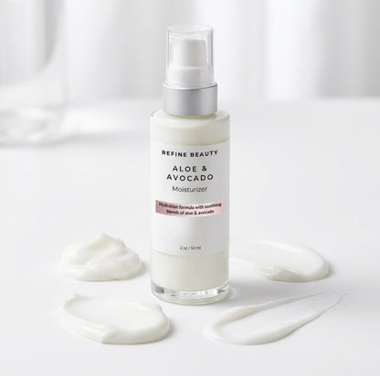 Refine Beauty Aloe and avocado moisturizer bottle with a white background