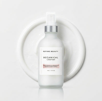 Refine Beauty Botanical Cleanser with white background and white product swatch 