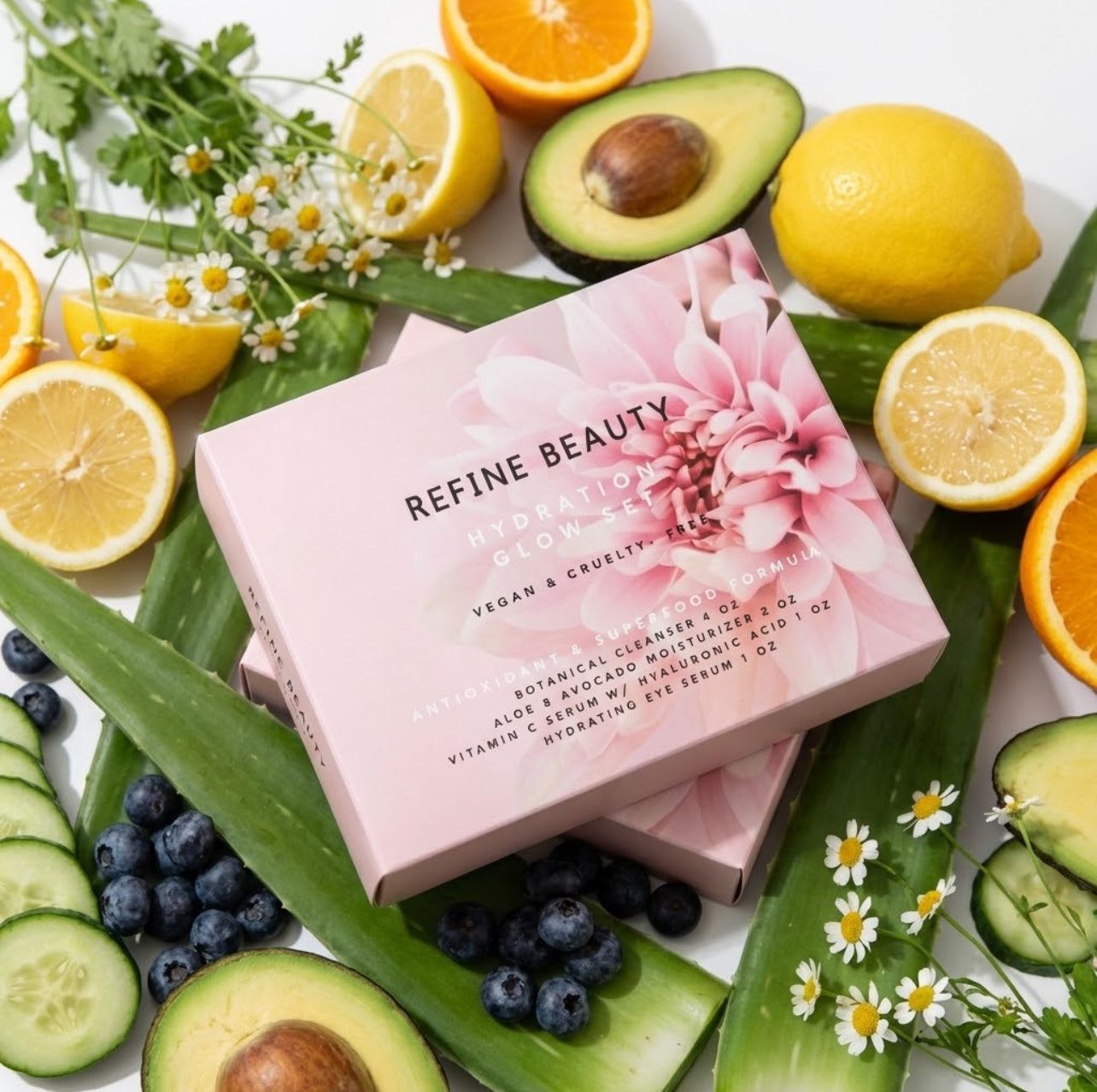 Refine Beauty Hydration GLOW set surrounded by fruits, vegetables, and flowers on a white background