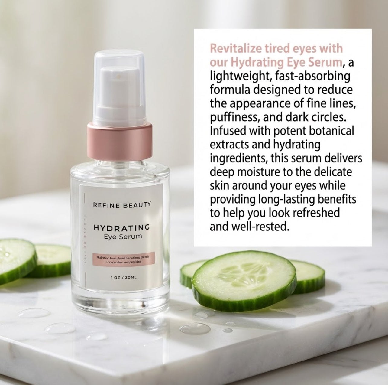 Refine Beauty Hydrating eye serum bottle with cucumber slices on a marble surface