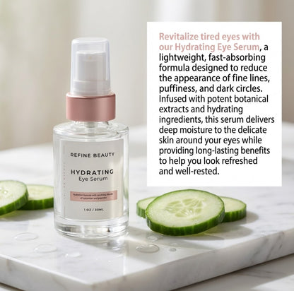 Refine Beauty Hydrating eye serum bottle with cucumber slices on a marble surface