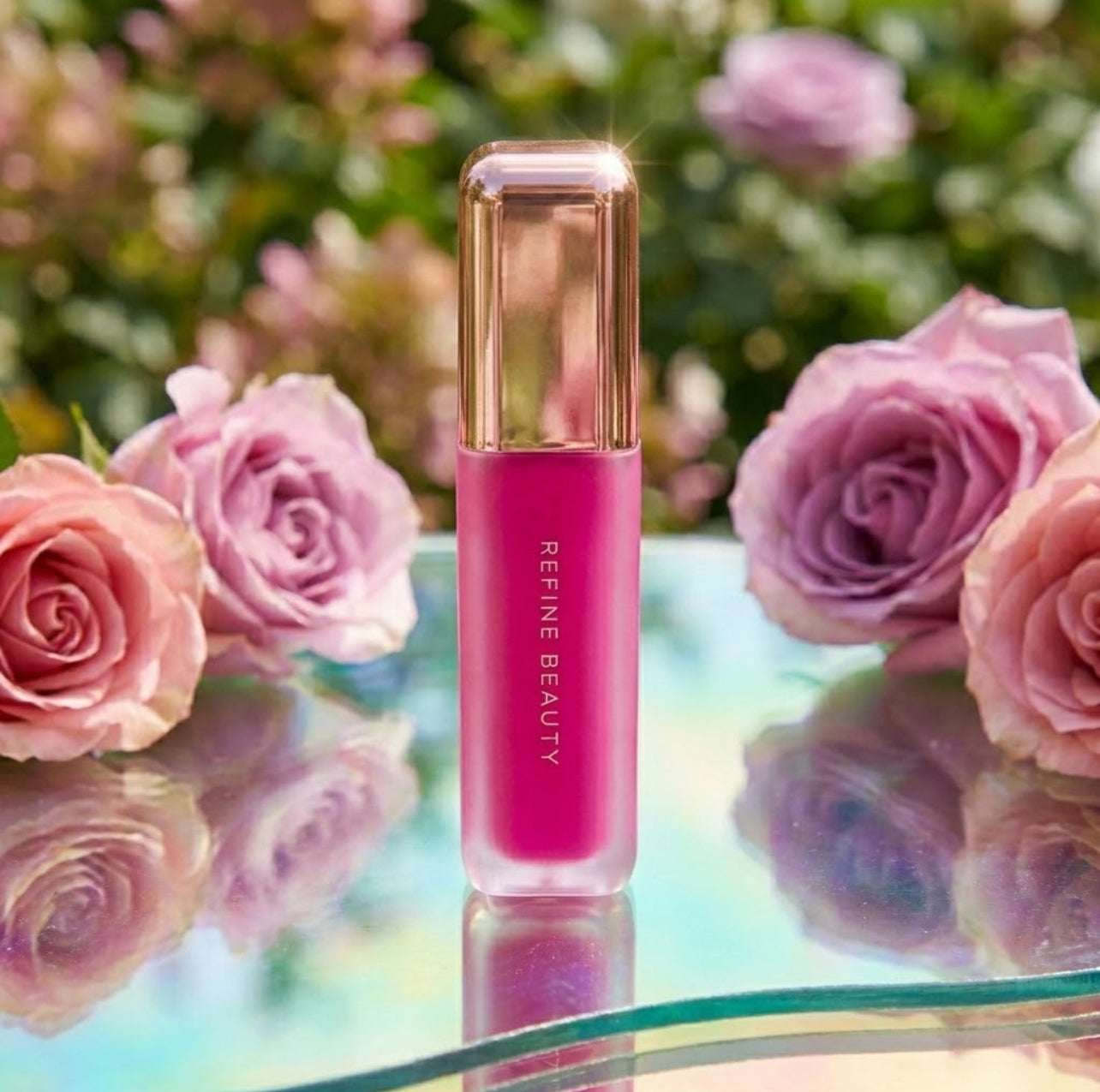 Refine Beauty blush rose gold cap on a reflective surface surrounded by pink roses.