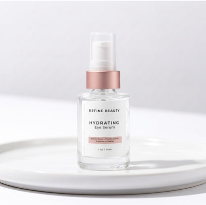 Refine Beauty hydrating eye serum bottle on a white background