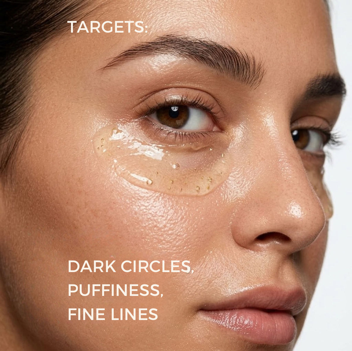 Refine Beauty Hydrating Eye Serum with clear gel swatch in on cheek white background and words targets dark circles, puffiness, fine lines 