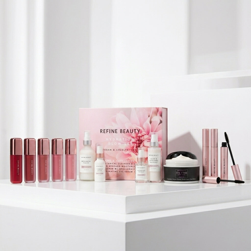 A curated Hydration GLOW set from Refine Beauty arranged on a white display shelf. The set includes six liquid blush in red and pink shades with rose gold caps, a pink floral box labeled REFINE BEAUTY Hydration GLOW set, a black jar of The FIRM body cream,with white cream, and two rose gold mascara tubes with a wand.