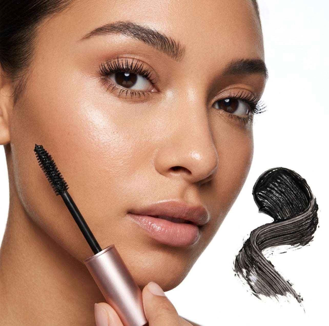 Woman holding a Refine Beauty volume mascara  wand with black mascara on a white background