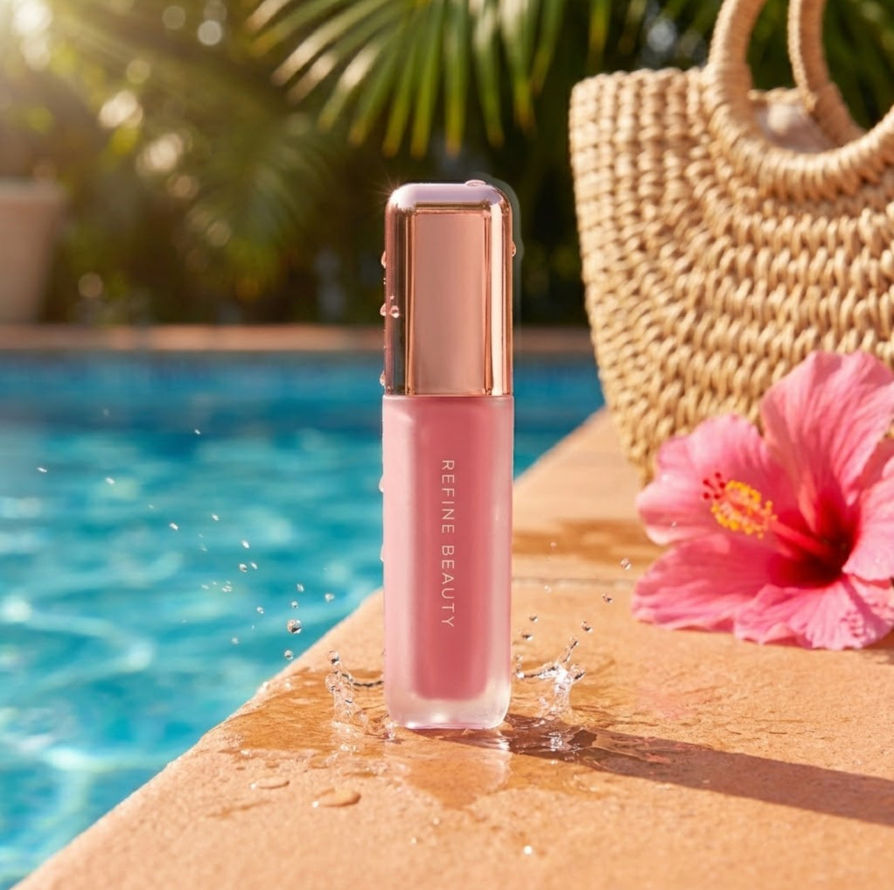 Refine Beauty blush with rose gold cap on a poolside surface with a straw bag and pink flower.