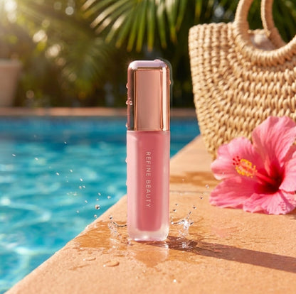 Refine Beauty blush with rose gold cap on a poolside surface with a straw bag and pink flower.