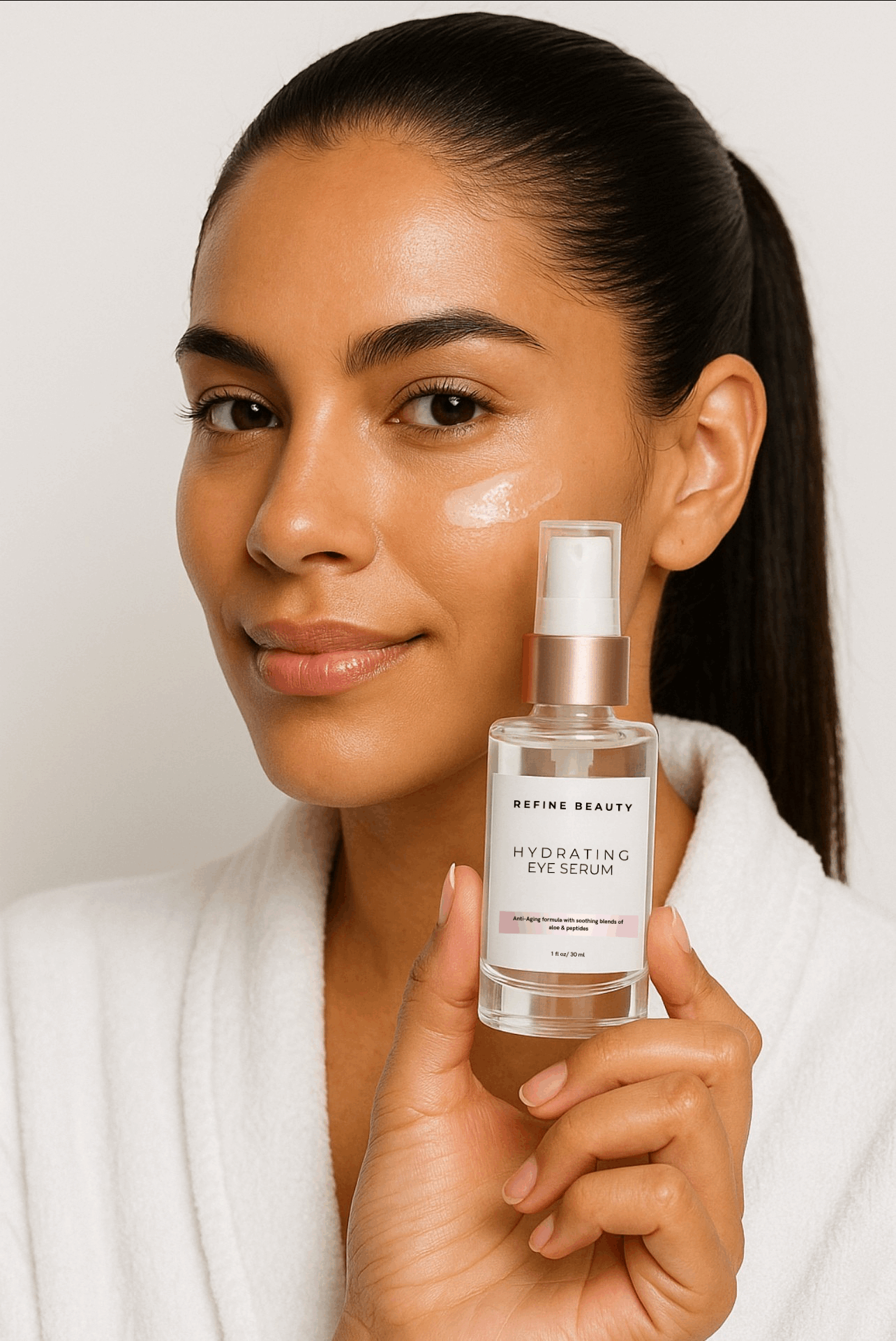 Model wearing white robe and holding REFINE BEAUTY Hydrating Eye Serum bear face