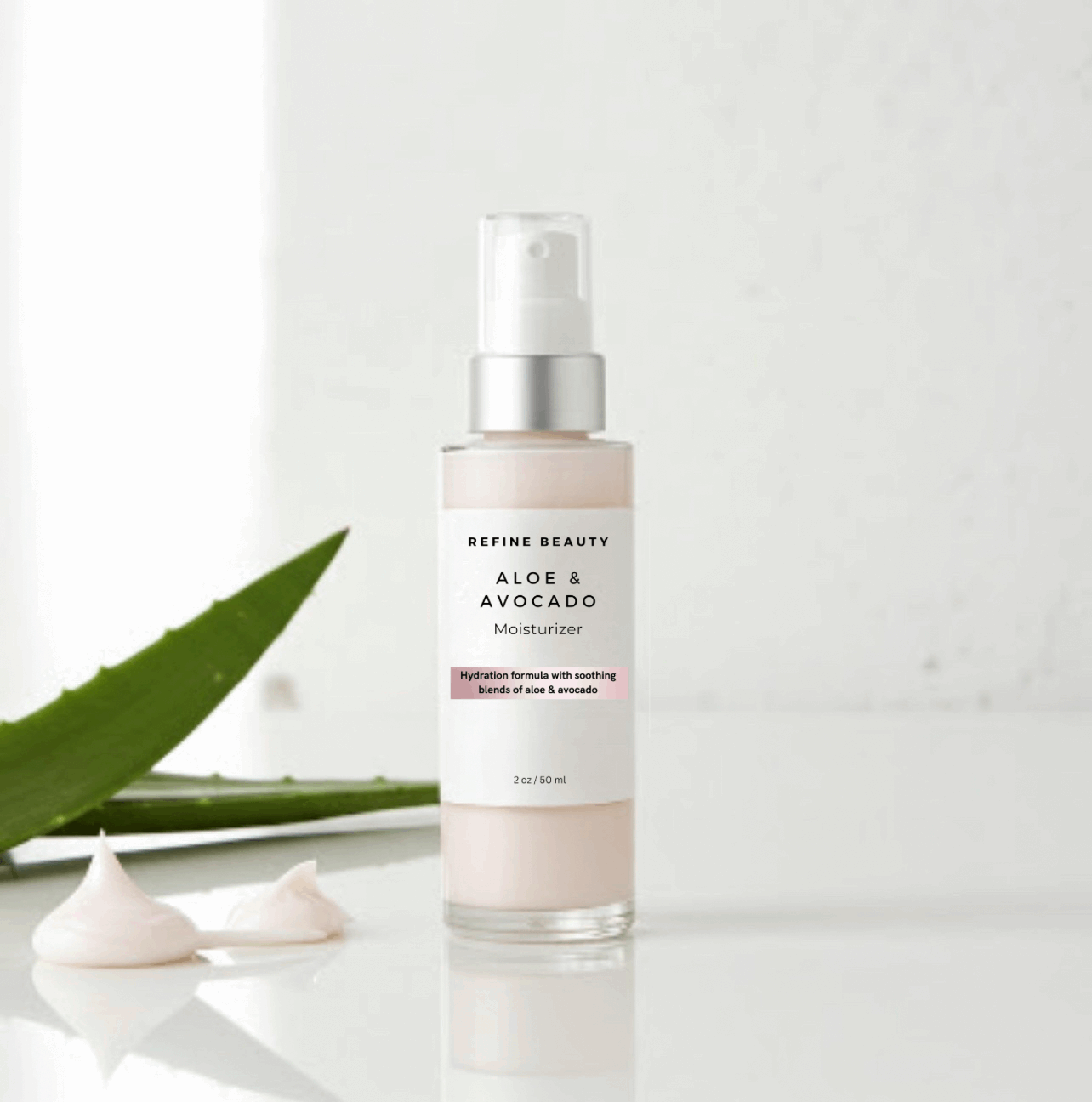 Refine Beauty Aloe & Avocado moisturizer with aloe vera leaf and cream on a light background