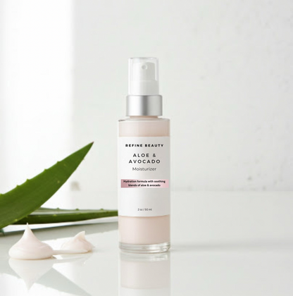 Refine Beauty Aloe & Avocado moisturizer with aloe vera leaf and cream on a light background