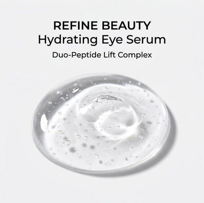 Refine Beauty Hydrating Eye Serum with clear gel swatch on white background 