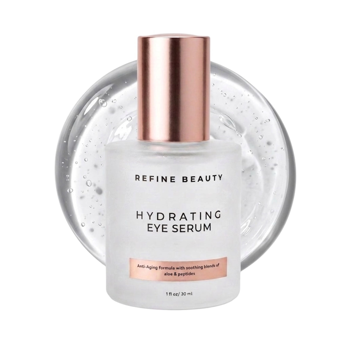 Refine Beauty Hydrating Eye Serum with clear gel swatch in white background 