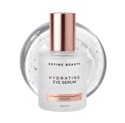 Refine Beauty Hydrating Eye Serum with clear gel swatch in white background 