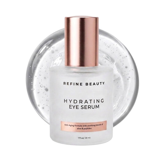 Refine Beauty Hydrating Eye Serum with clear gel swatch in white background 