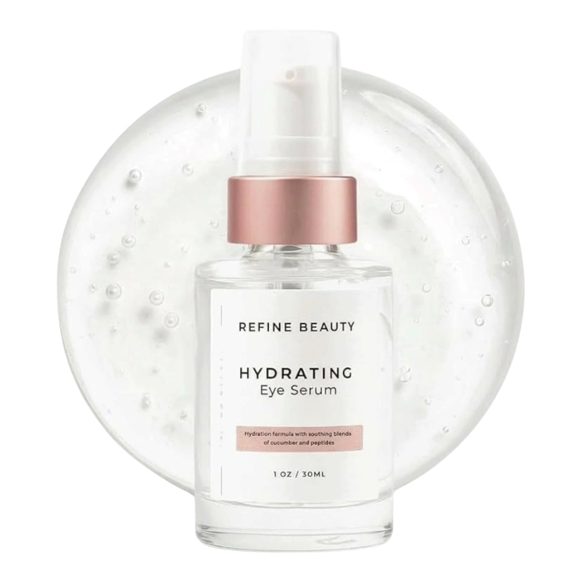 A bottle of Refine Beauty Hydrating Eye Serum with a clear cap and a metallic rose gold collar, set against a white background with a large, translucent bubble graphic behind it.