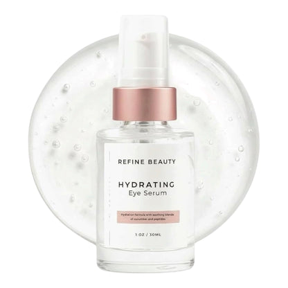 A bottle of Refine Beauty Hydrating Eye Serum with a clear cap and a metallic rose gold collar, set against a white background with a large, translucent bubble graphic behind it.