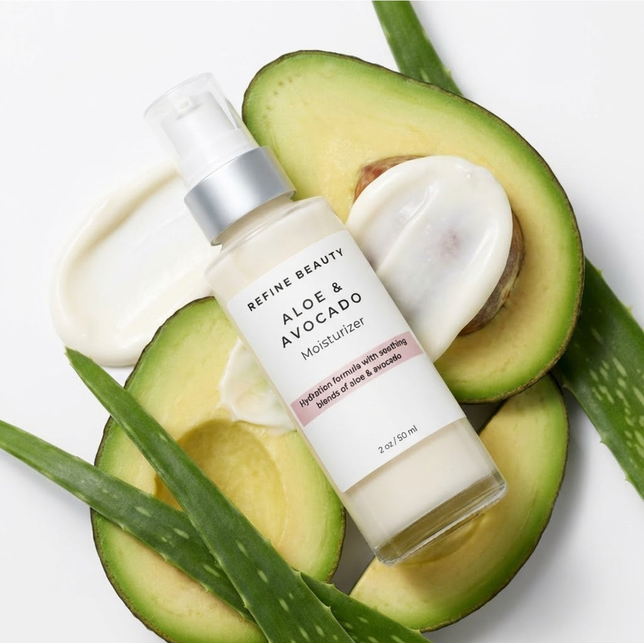 Refine Beauty Aloe & Avocado Moisturizer surrounded by avocados and aloe vera leaves on a white background