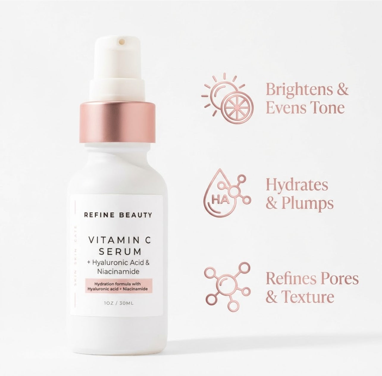 Refine Beauty Vitamin C serum bottle with text highlighting its benefits on a white background