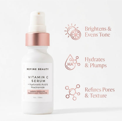 Refine Beauty Vitamin C serum bottle with text highlighting its benefits on a white background