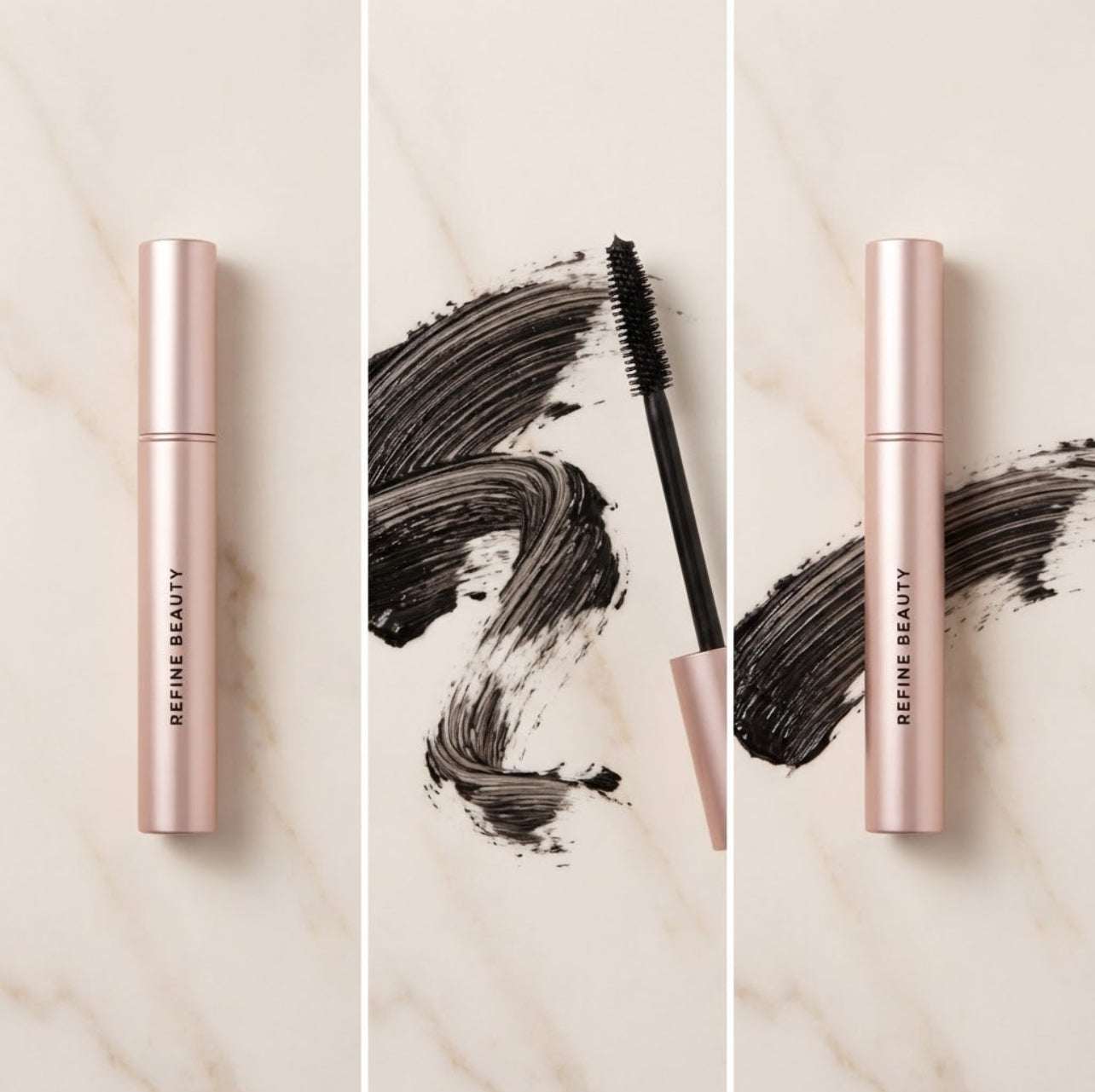  Refine Beauty Volume mascara  with brush on a marble background