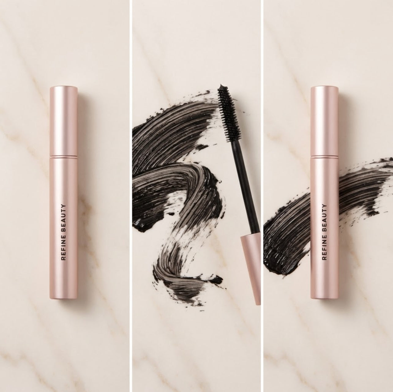  Refine Beauty Volume mascara  with brush on a marble background