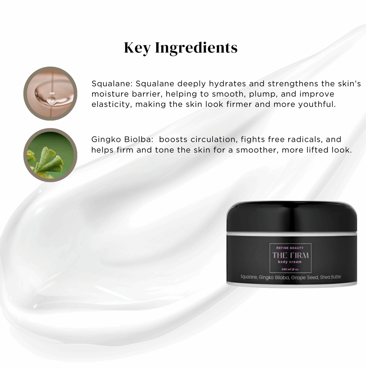 Refine Beauty the FIRM body cream with key ingredients listed on a white background