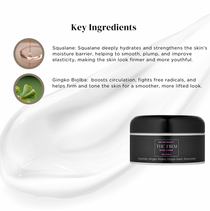 Refine Beauty the FIRM body cream with key ingredients listed on a white background