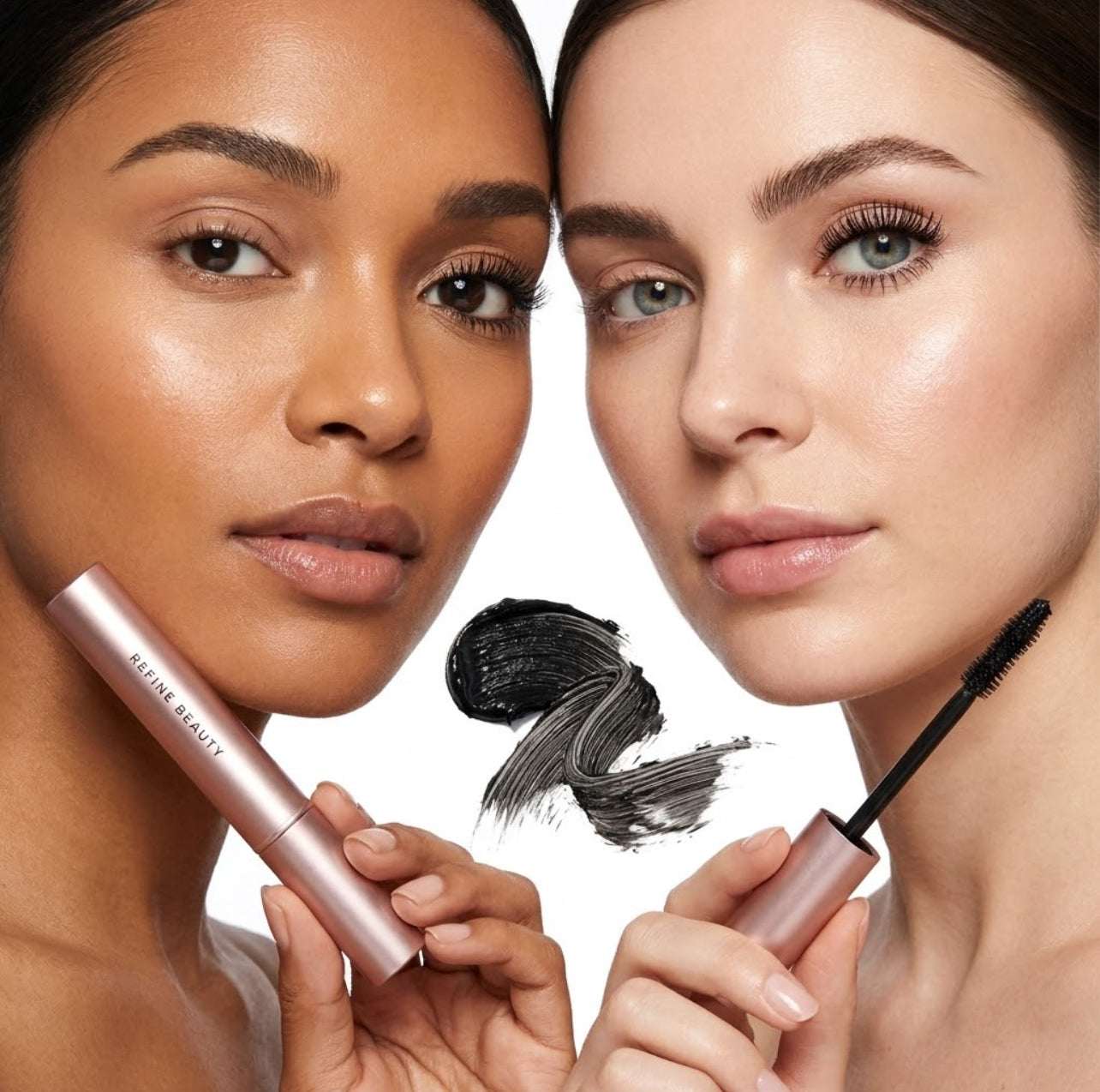 Two women holding Refine Beauty volume mascara  with a focus on mascara.