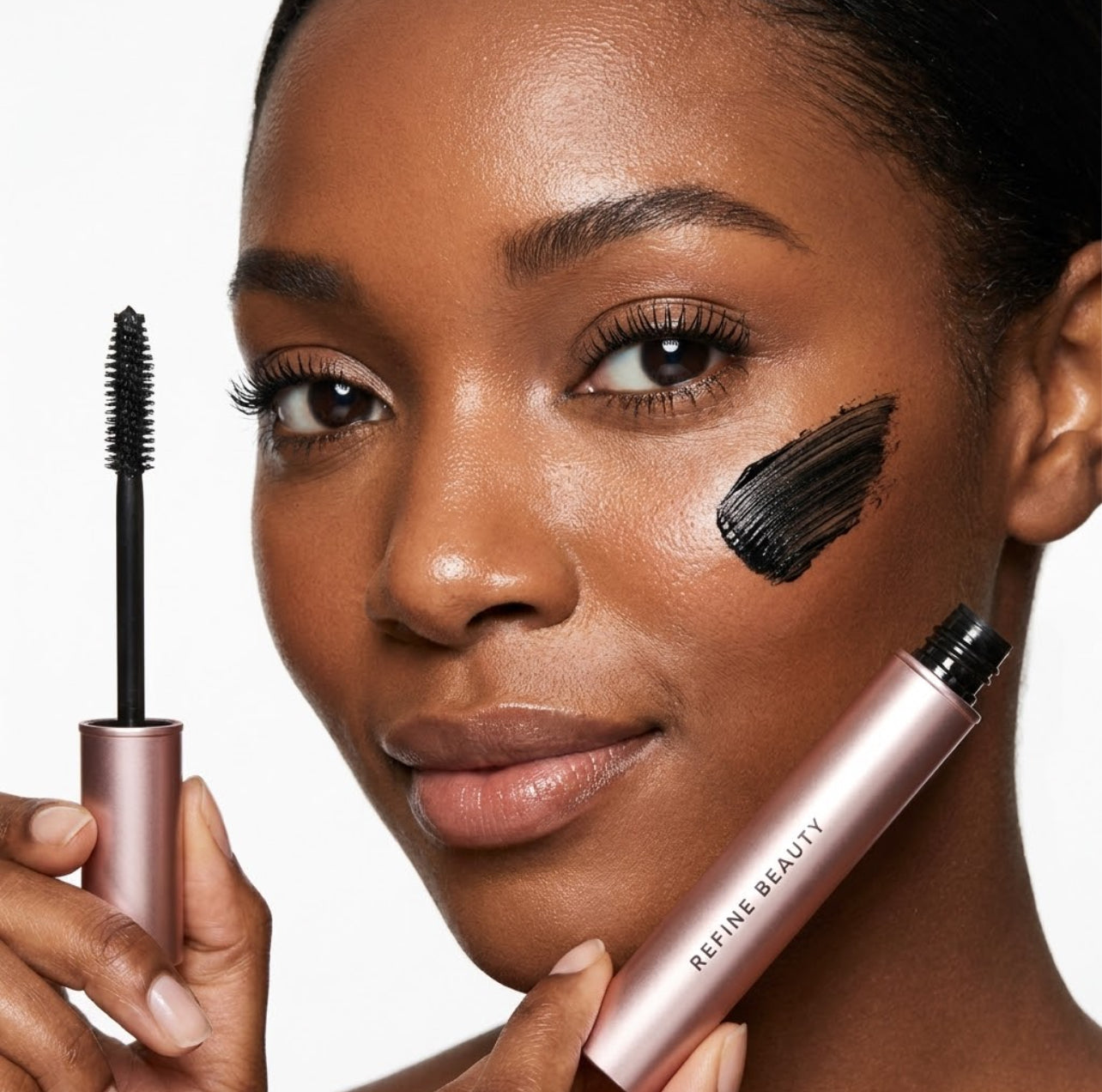 Woman applying makeup with  Refine Beauty volume mascara on a white background
