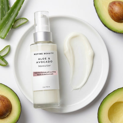 Refine Beauty Aloe & Avocado Moisturizer bottle with aloe vera leaves and avocado halves on a white background