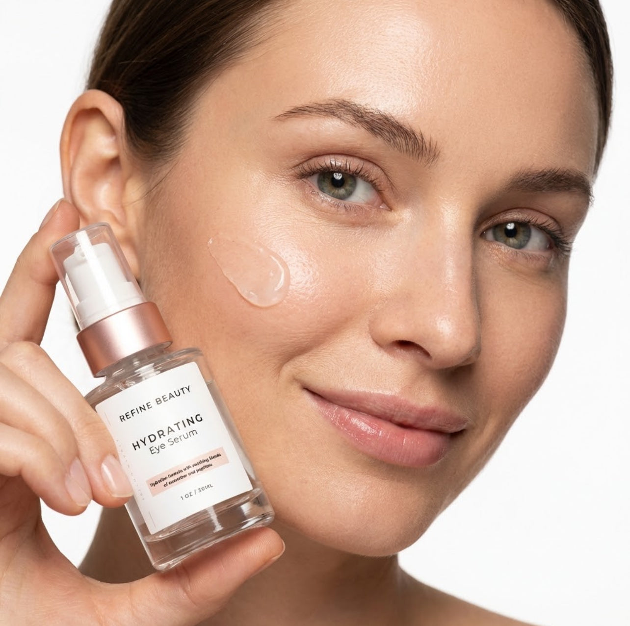 Woman holding a Refine Beauty Vitamin C Serum skincare serum bottle with visible cream on her face