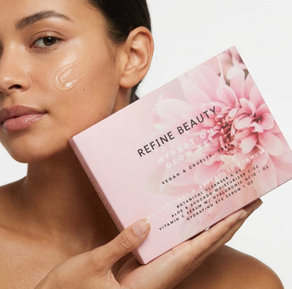 Woman holding a skincare product box with Refine Beauty Hydration GLOW set