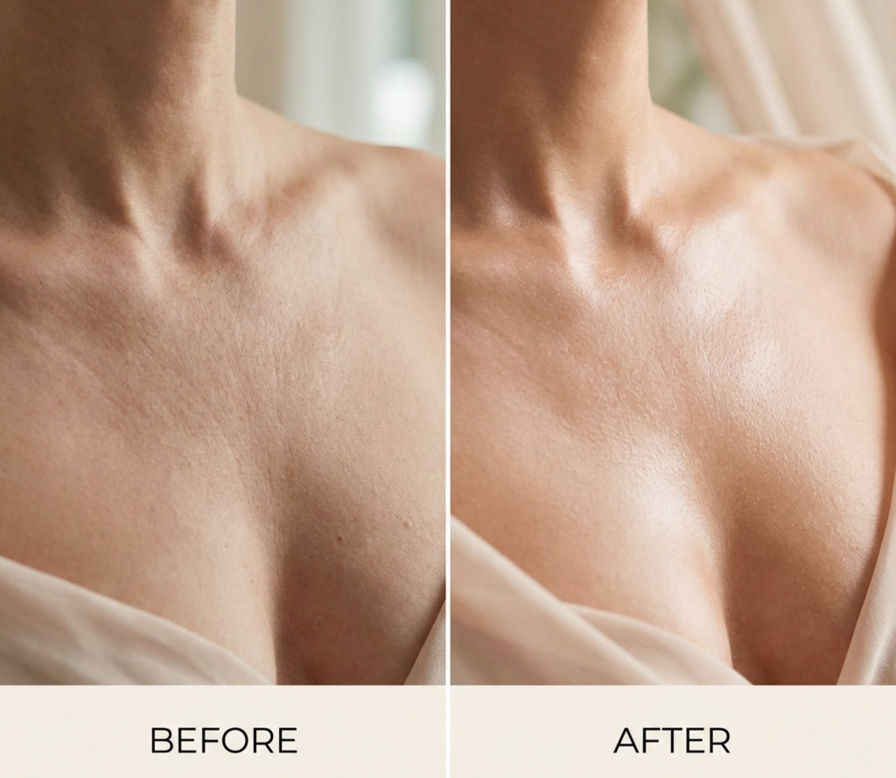 Before and after comparison of skin texture on a person's shoulder upon using Refine Beauty The FIRM Body Cream 