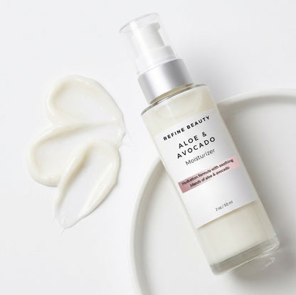 Bottle of Refine Beauty Aloe & Avocado Moisturizer on a white background