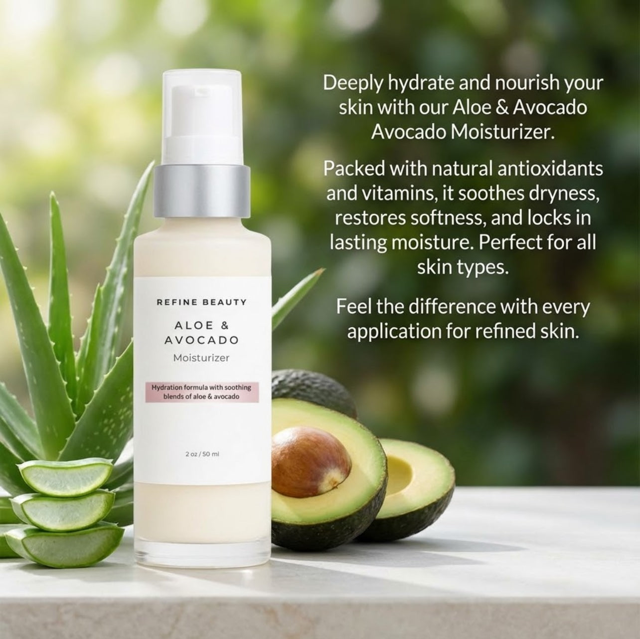 Aloe vera plant, avocado, and a bottle of Refine Beauty Aloe & Avocado Moisturizer on a white surface with greenery in the background.