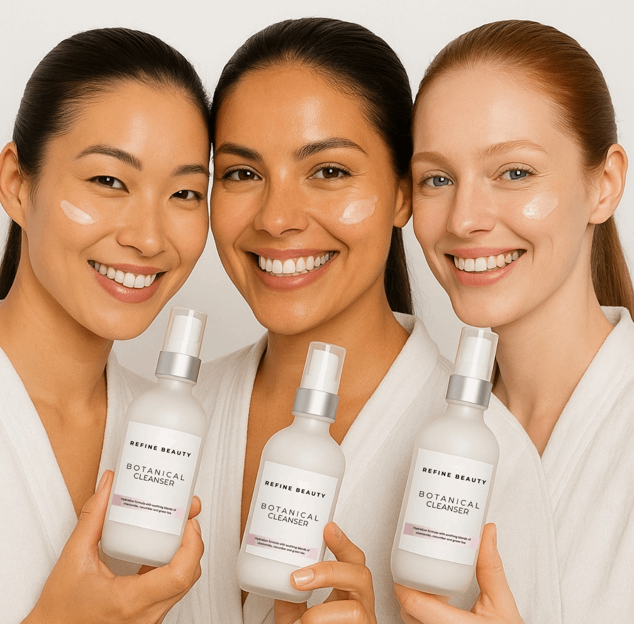 Three models smiling and holding REFINE BEAUTY Botanical Cleanser