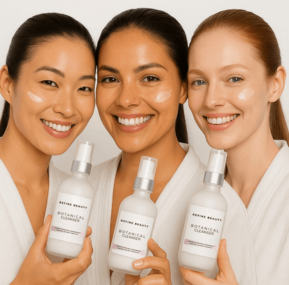 Three models smiling and holding REFINE BEAUTY Botanical Cleanser