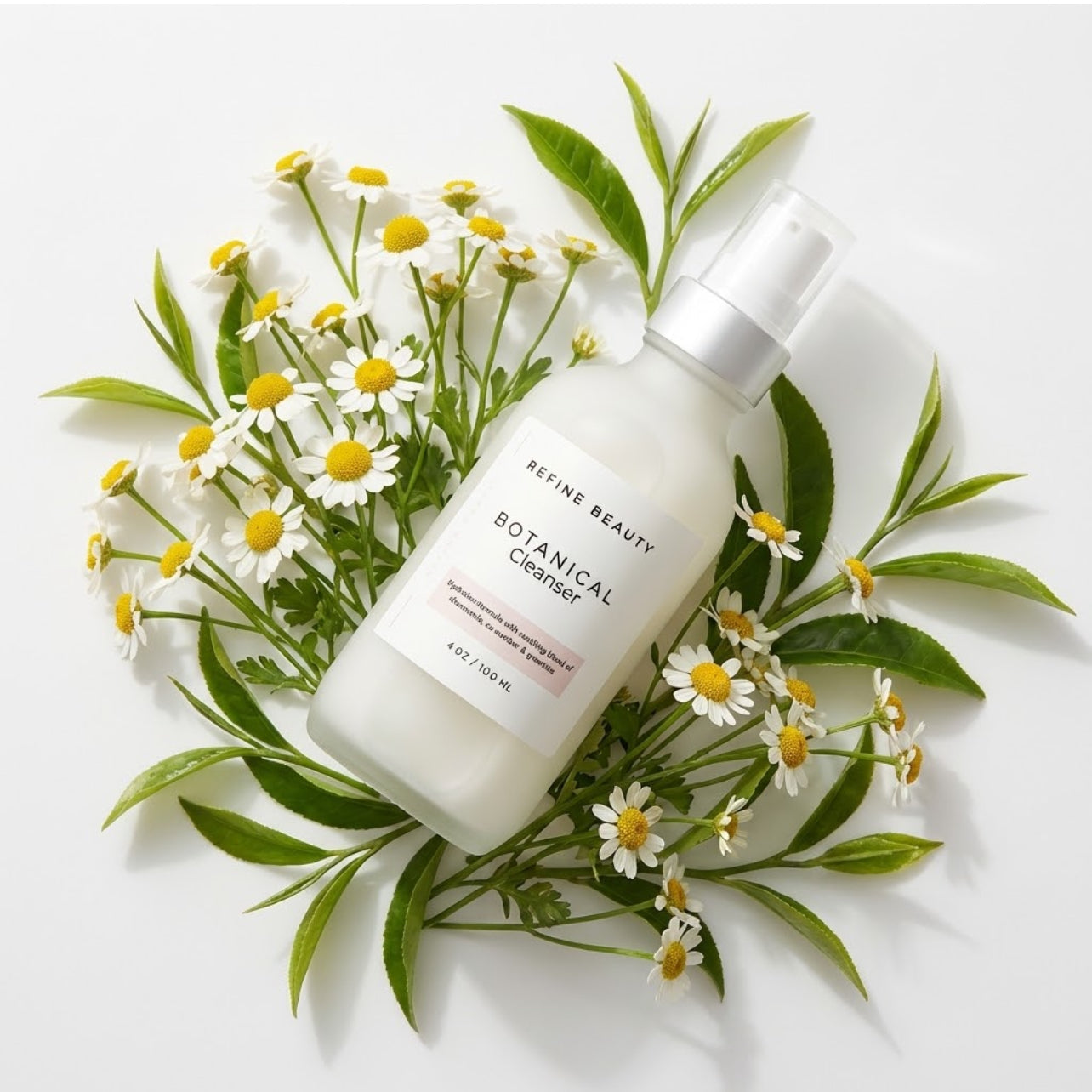 Refine Beauty Botanical Cleanser surrounded by flowers and leaves on a white background
