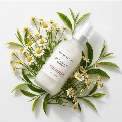 Refine Beauty Botanical Cleanser surrounded by flowers and leaves on a white background