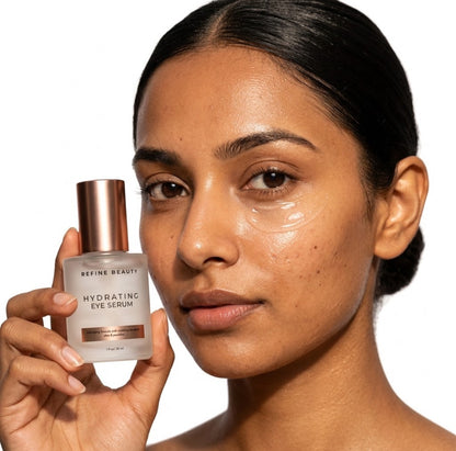 Model holding Refine Beauty Hydrating Eye Serum with clear gel swatch on white background 