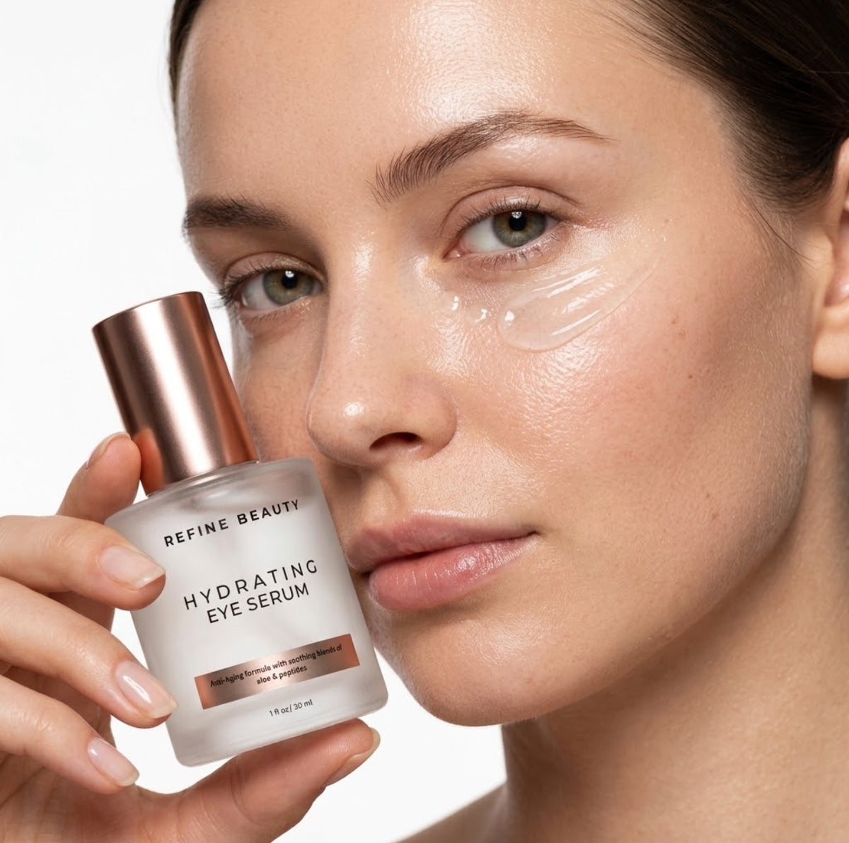 Model holding Refine Beauty Hydrating Eye Serum near face with clear gel swatch on white background 