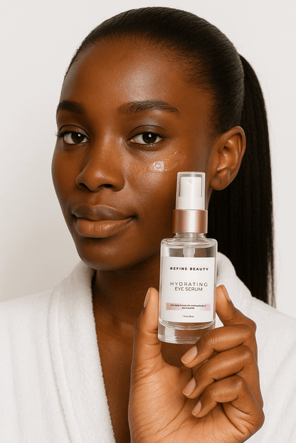 Model holding REFINE BEAUTY Hydrating Eye Serum with a tight ponytail and white robe