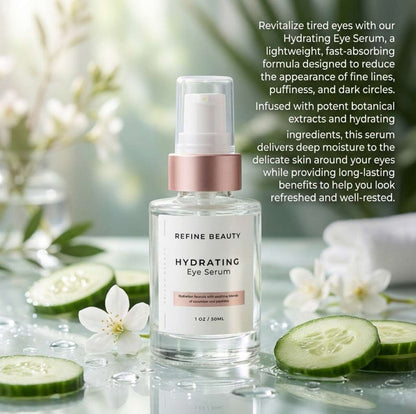 Refine Beauty Hydrating Eye Serum bottle with cucumber slices and flowers on a reflective surface